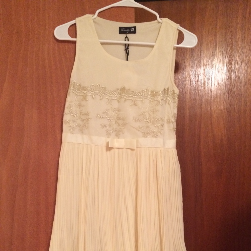 ModCloth DANITY Chiffon Pleated Dress with Lace